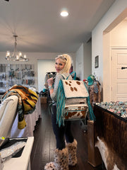Brown and White Turquoise Fringe and Cowhide Backpack