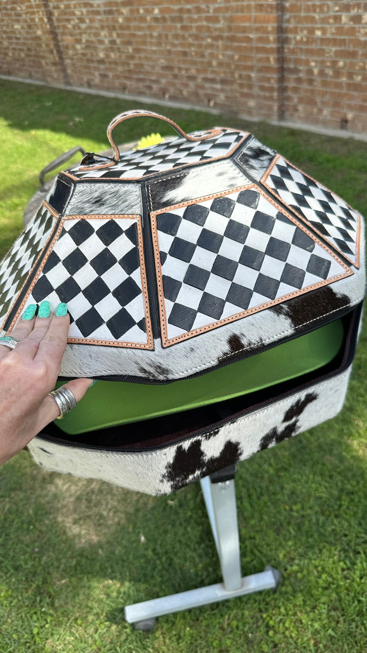 Checkerboard Cowhide and Leather Hat Can