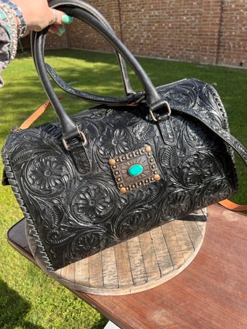 XL Tooled Black Concho Duffle Bag