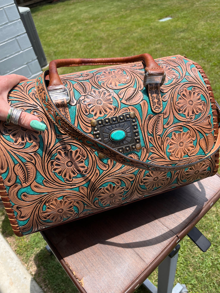 XL Tooled Turquoise and Saddle Concho Duffle Bag