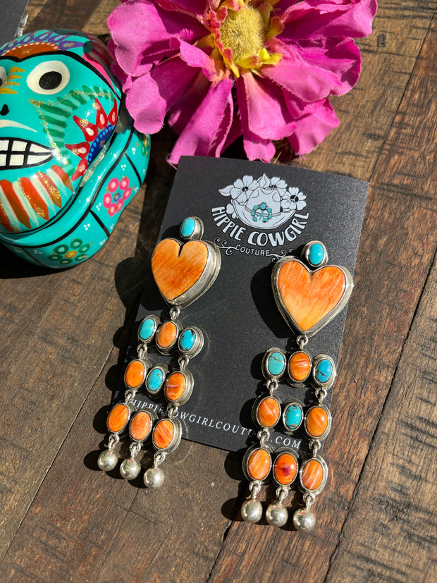 Orange Spiny and Turquoise Heart Earrings