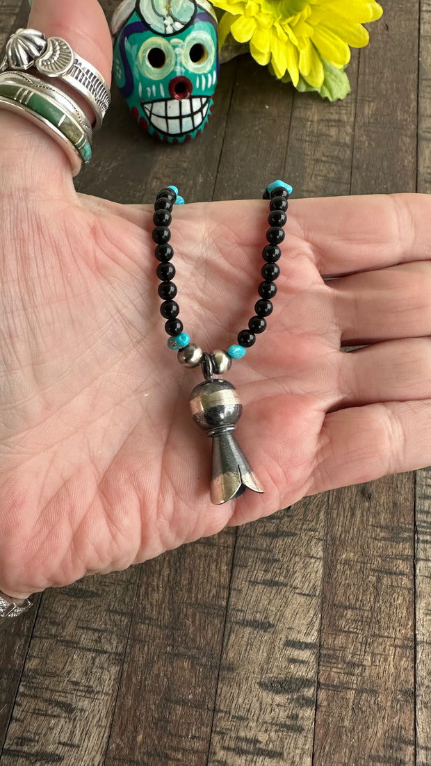 Onyx and Kingman Bead Necklace with Squash Blossom Pendant