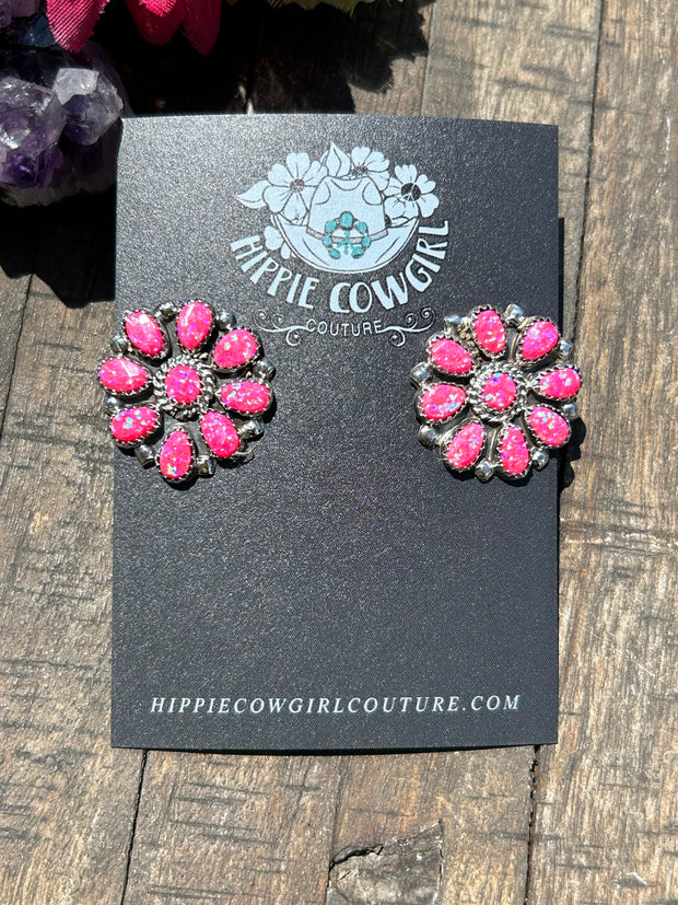 Hot Pink Opal Cluster Earrings