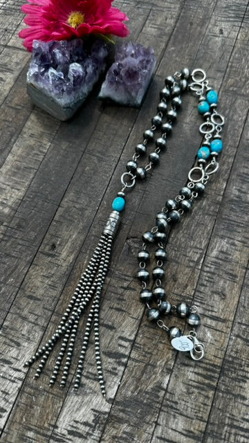 9mm Rosary Pearl and Sonoran Tassel Necklace