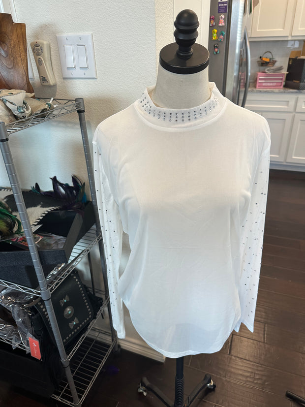 White + Rhinestone Mesh Shirt