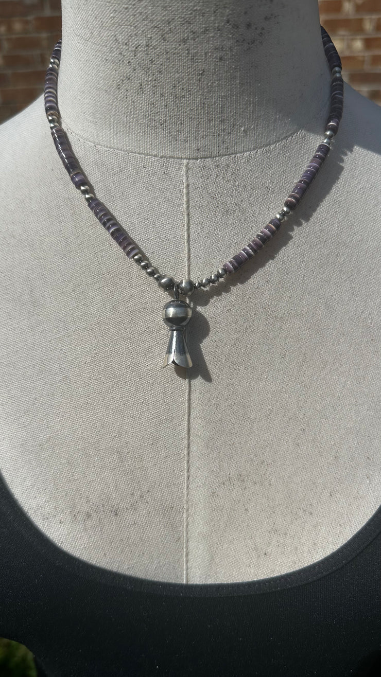 Wampum Shell Bead Necklace with Squash Blossom Pendant