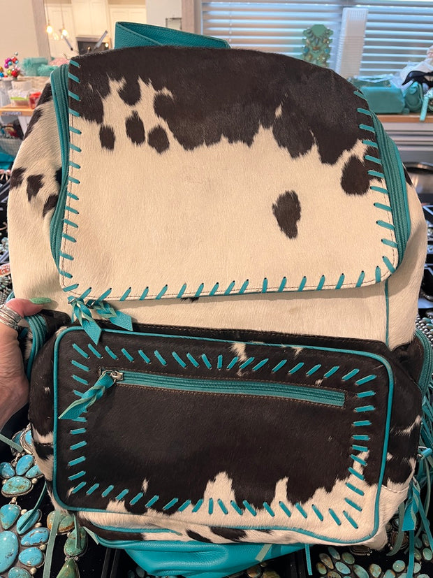 Dark Brown and White Cowhide and Turquoise Backpack