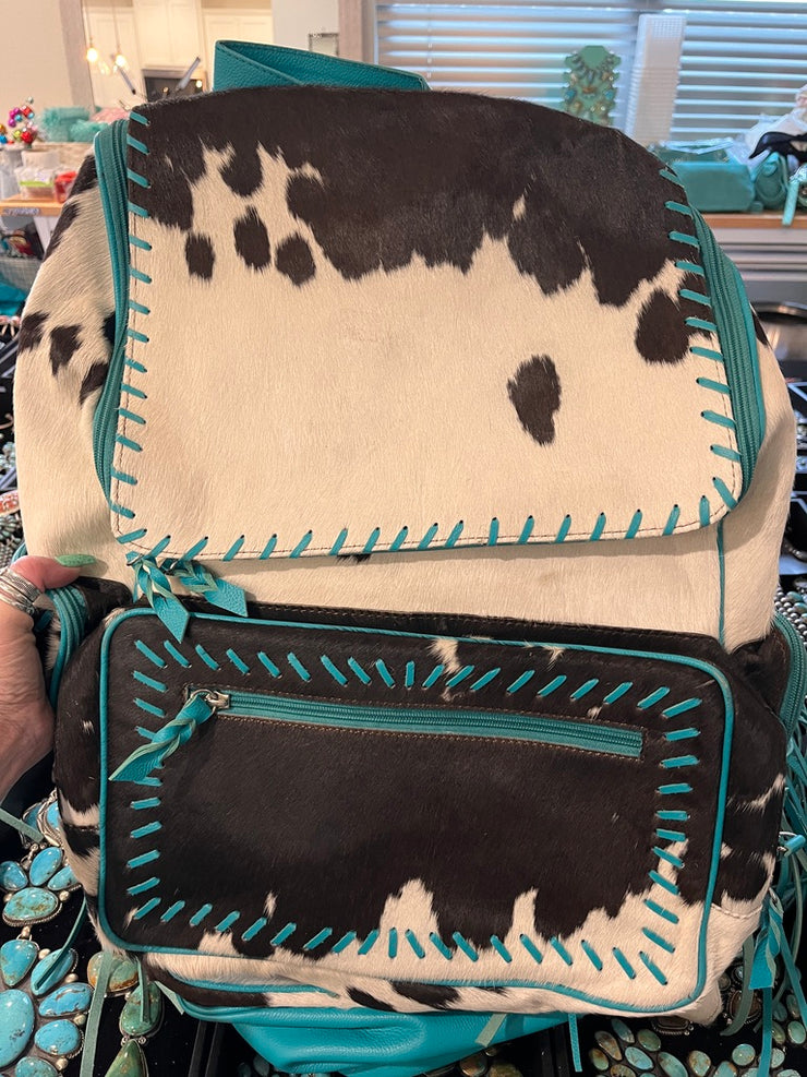 Dark Brown and White Cowhide and Turquoise Backpack