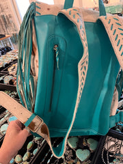 Brown and White Turquoise Fringe and Cowhide Backpack