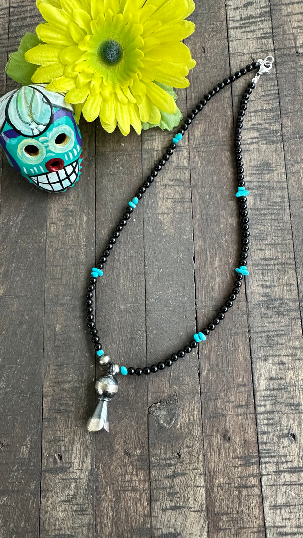 Onyx and Kingman Bead Necklace with Squash Blossom Pendant