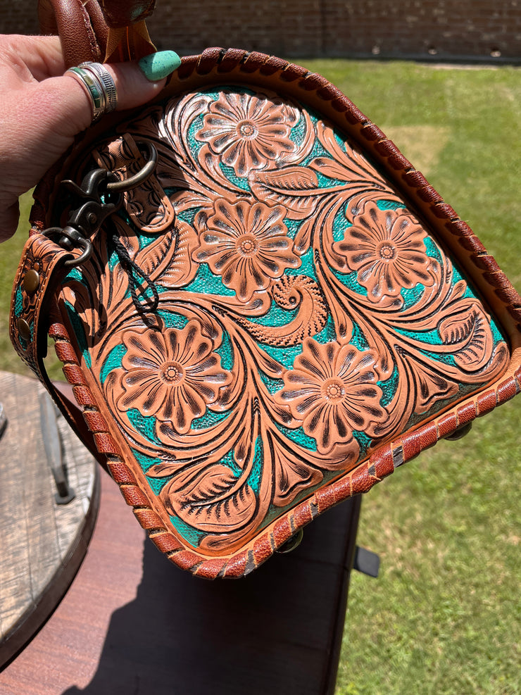 XL Tooled Turquoise and Saddle Concho Duffle Bag