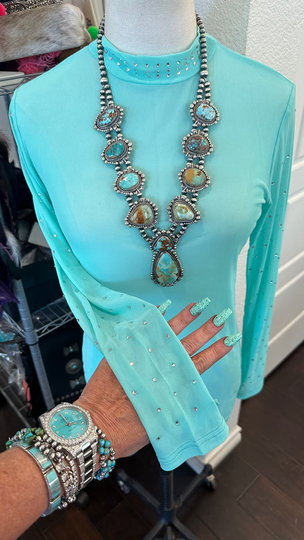 Turquoise + Rhinestone Mesh Shirt