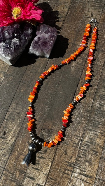 Orange Spiny Bead Necklace with Squash Blossom Pendant