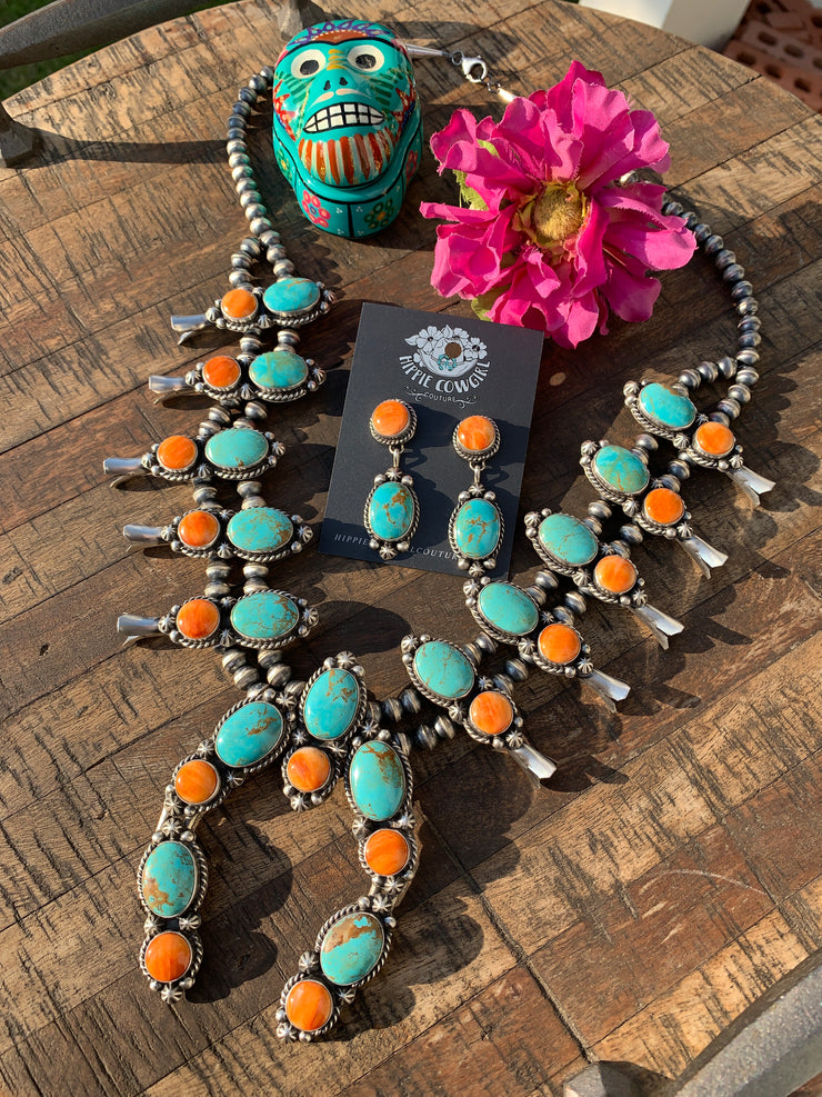 Kingman Turquoise and Orange Spiny Squash Blossom Set