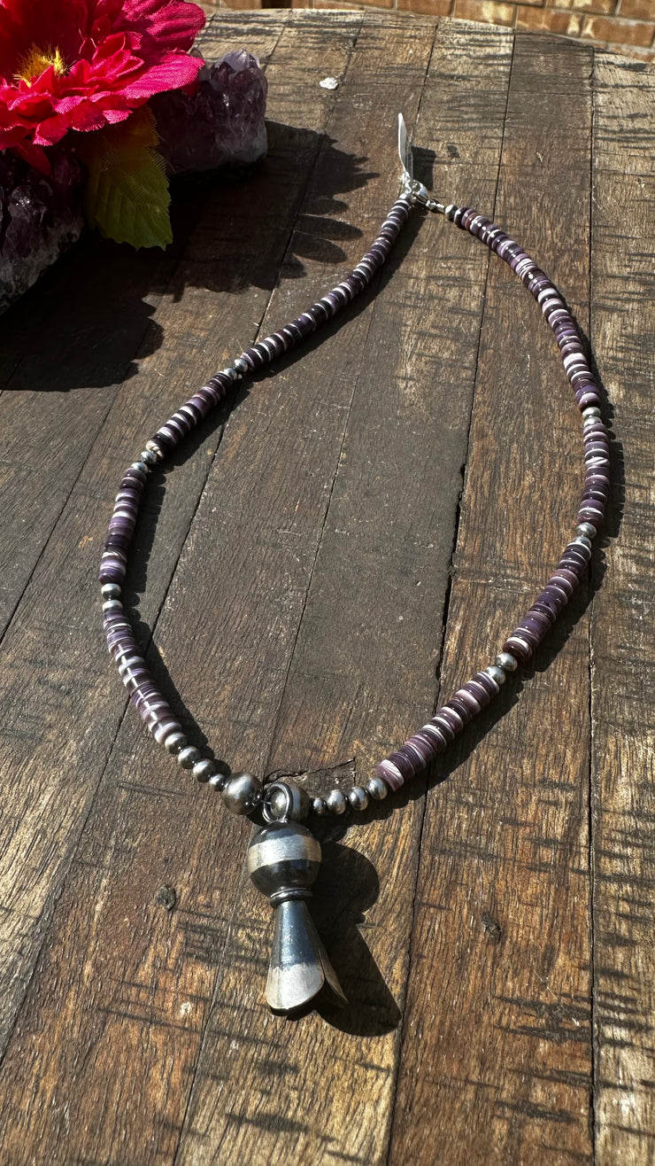 Wampum Shell Bead Necklace with Squash Blossom Pendant