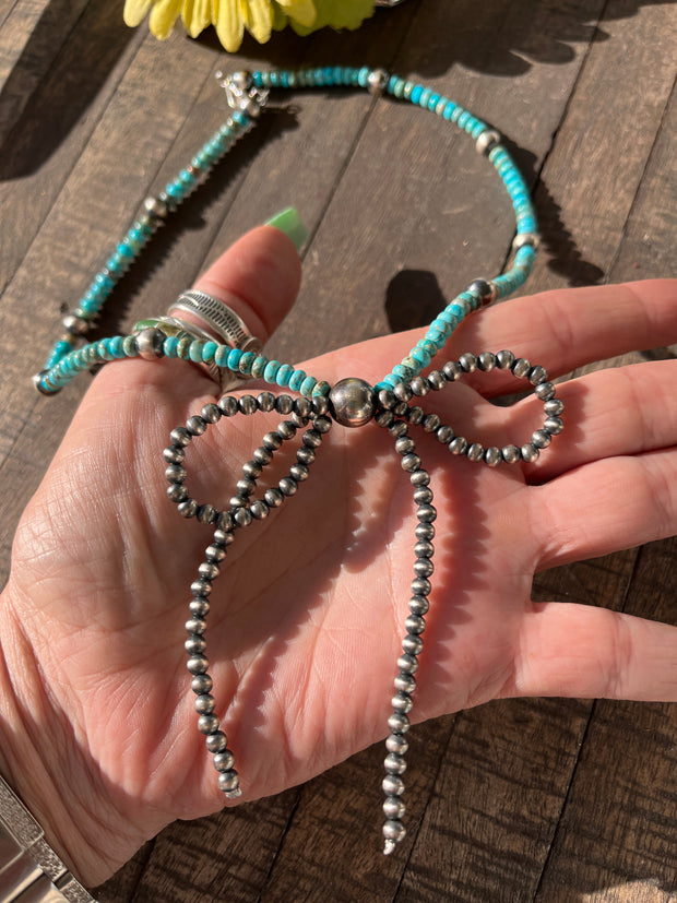 Pearl and Kingman Bow Necklace