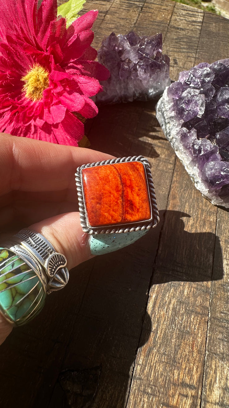 Adjustable Orange Spiny Square Ring #6