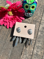 Satin Sterling Concho Feather Jacket Stud Earrings