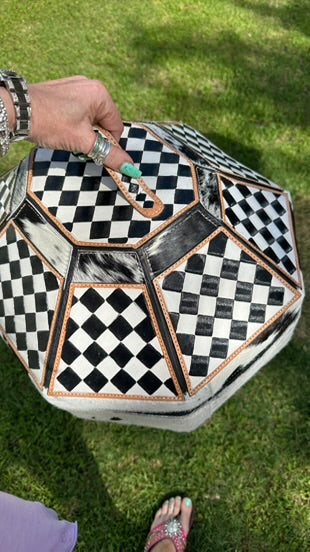 Checkerboard Cowhide and Leather Hat Can