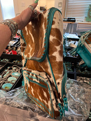 Brown and White Cowhide and Turquoise Backpack