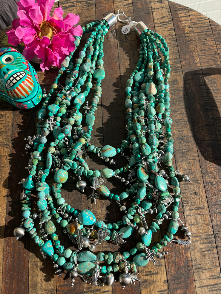 7 Strand Turquoise Charm Necklace