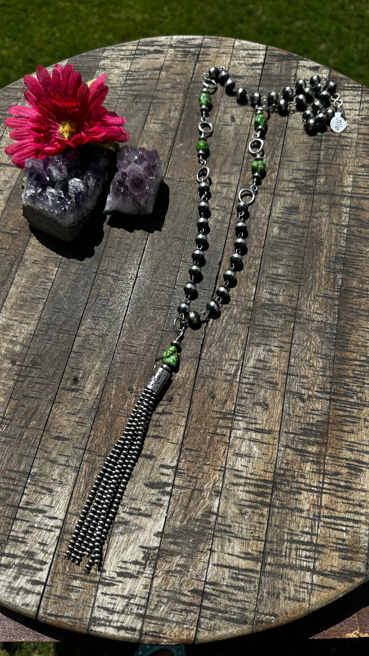 9mm Rosary Pearl and Sonoran Gold Tassel Necklace