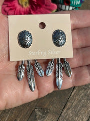 Shiny Sterling Concho Feather Jacket Stud Earrings