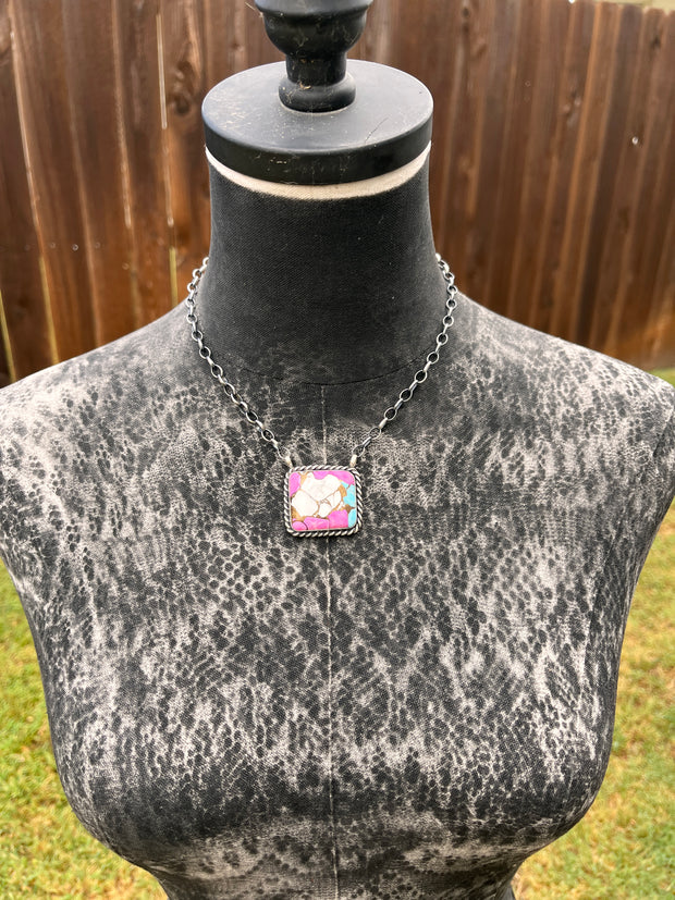 Cotton Candy Kingman Turquoise Square Necklace #1-9
