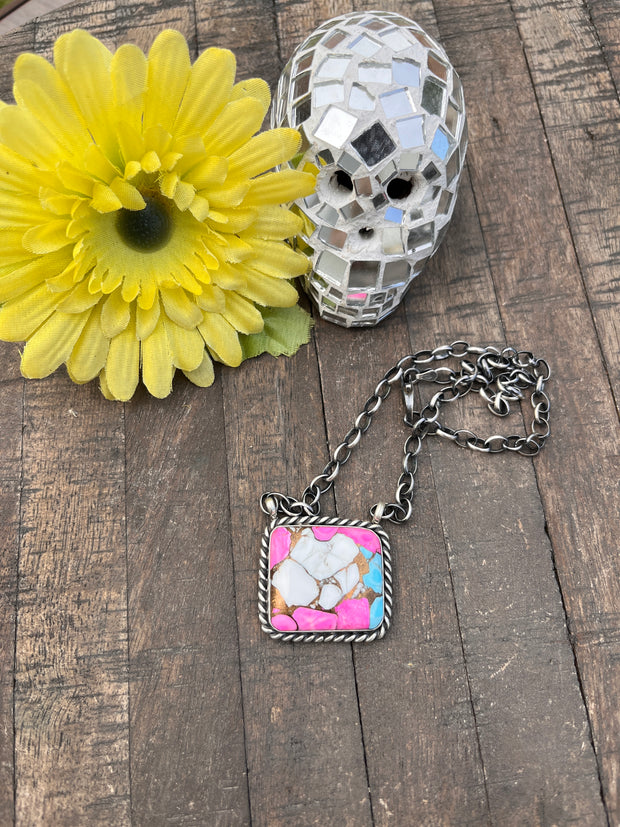 Cotton Candy Kingman Turquoise Square Necklace #1-9