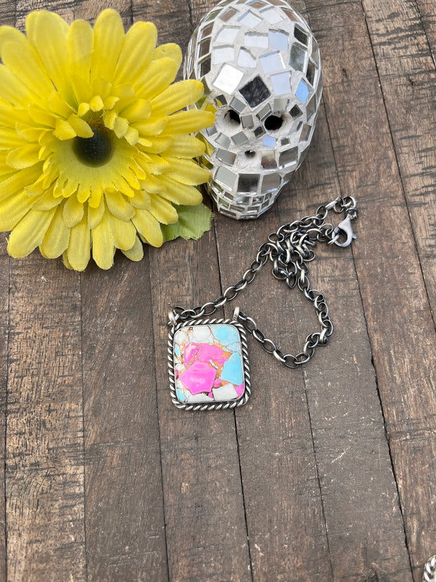 Cotton Candy Kingman Turquoise Square Necklace #1-9