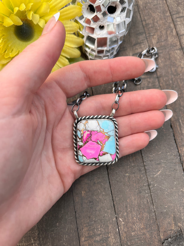 Cotton Candy Kingman Turquoise Square Necklace #1-9