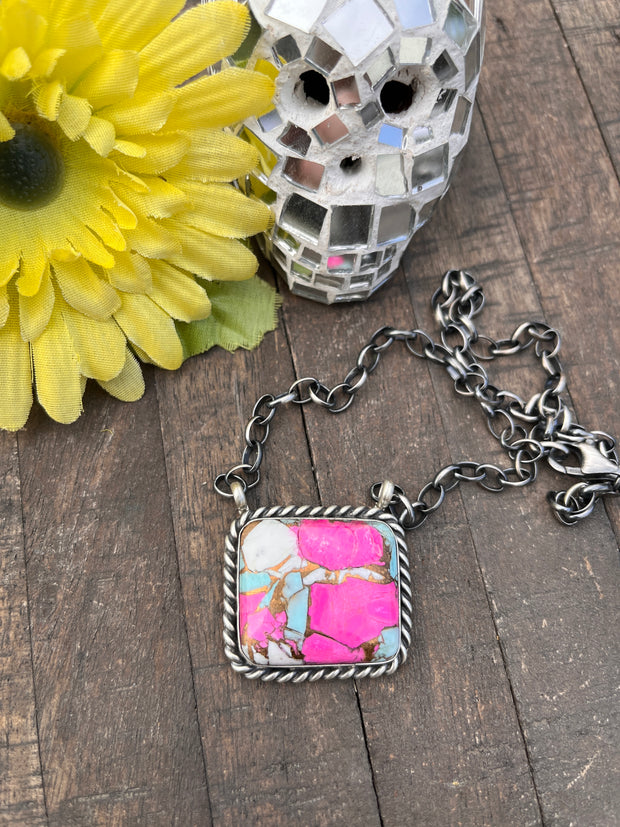 Cotton Candy Kingman Turquoise Square Necklace #1-9