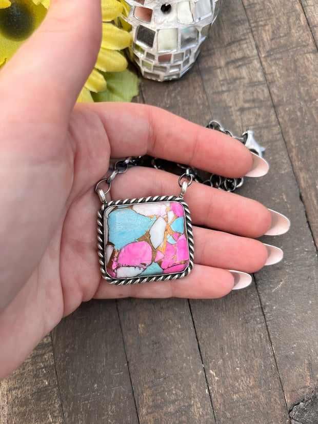 Cotton Candy Kingman Turquoise Square Necklace #1-9