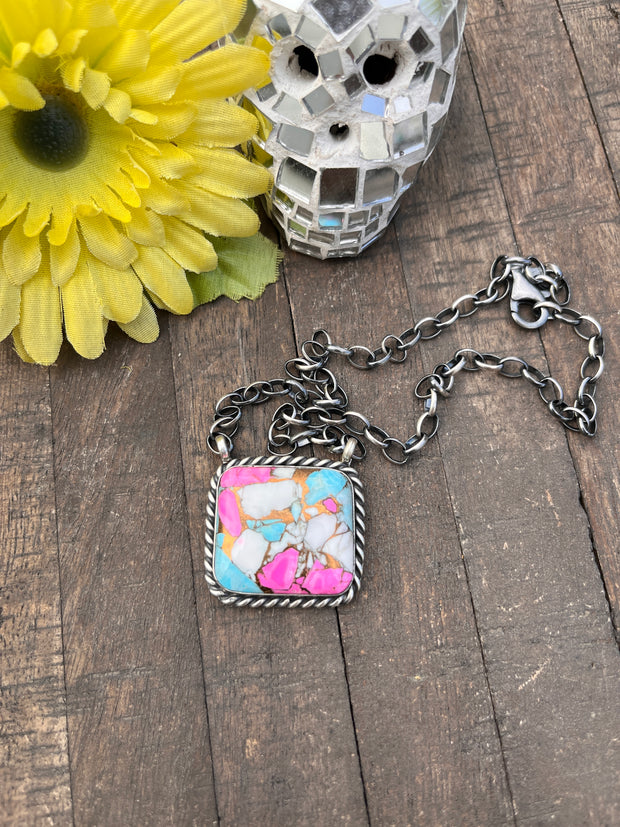 Cotton Candy Kingman Turquoise Square Necklace #1-9