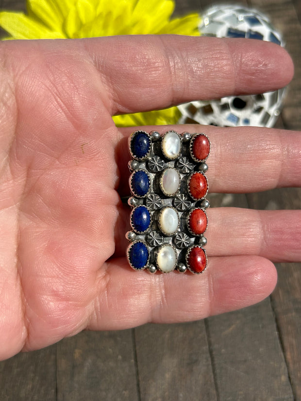Lapis and Red Spiny Ring Sz. 8 1/2