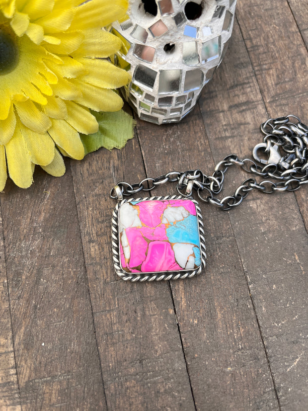 Cotton Candy Kingman Turquoise Square Necklace #1-9