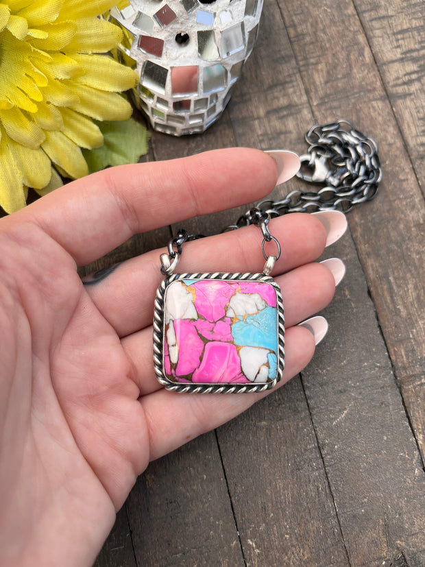 Cotton Candy Kingman Turquoise Square Necklace #1-9