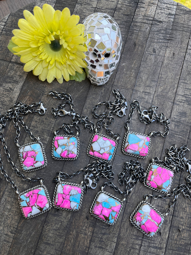 Cotton Candy Kingman Turquoise Square Necklace #1-9
