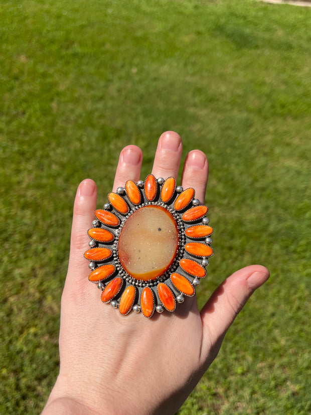Adjustable Druzy and Orange Spiny Ring