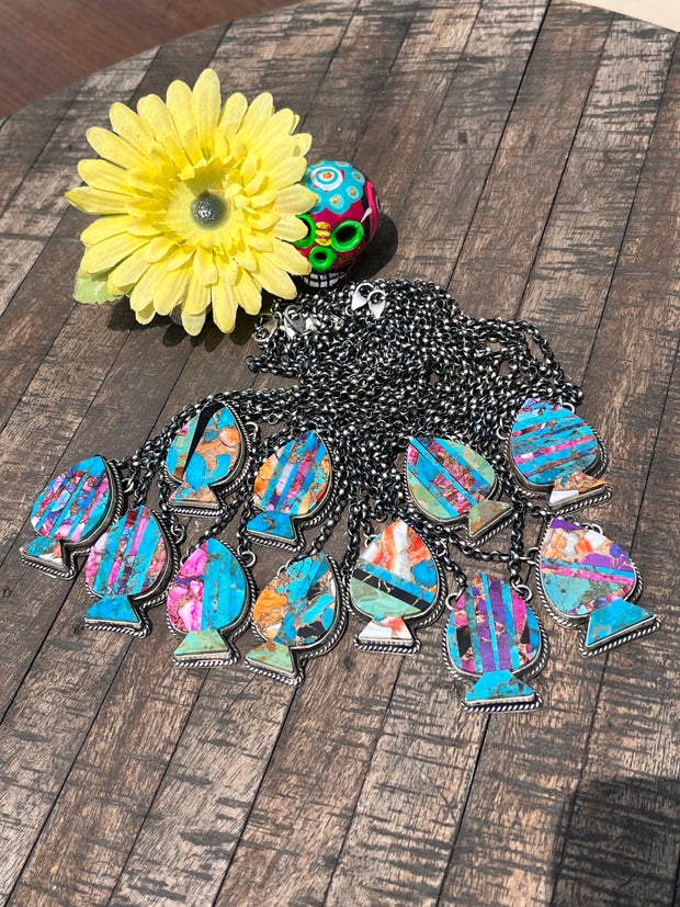 Multi Colored Inlay Spade Necklace 1-11