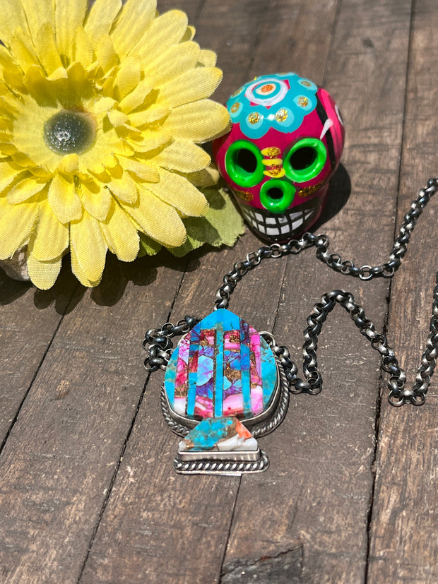 Multi Colored Inlay Spade Necklace 1-11
