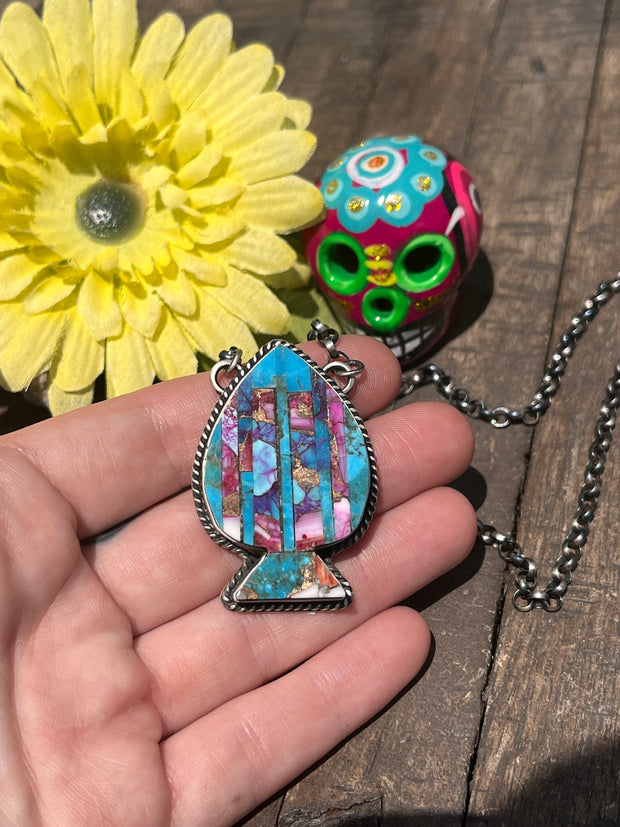 Multi Colored Inlay Spade Necklace 1-11