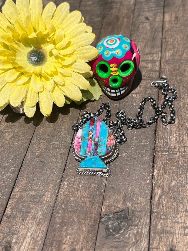 Multi Colored Inlay Spade Necklace 1-11