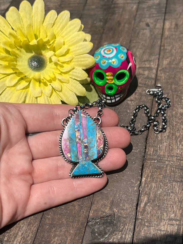 Multi Colored Inlay Spade Necklace 1-11