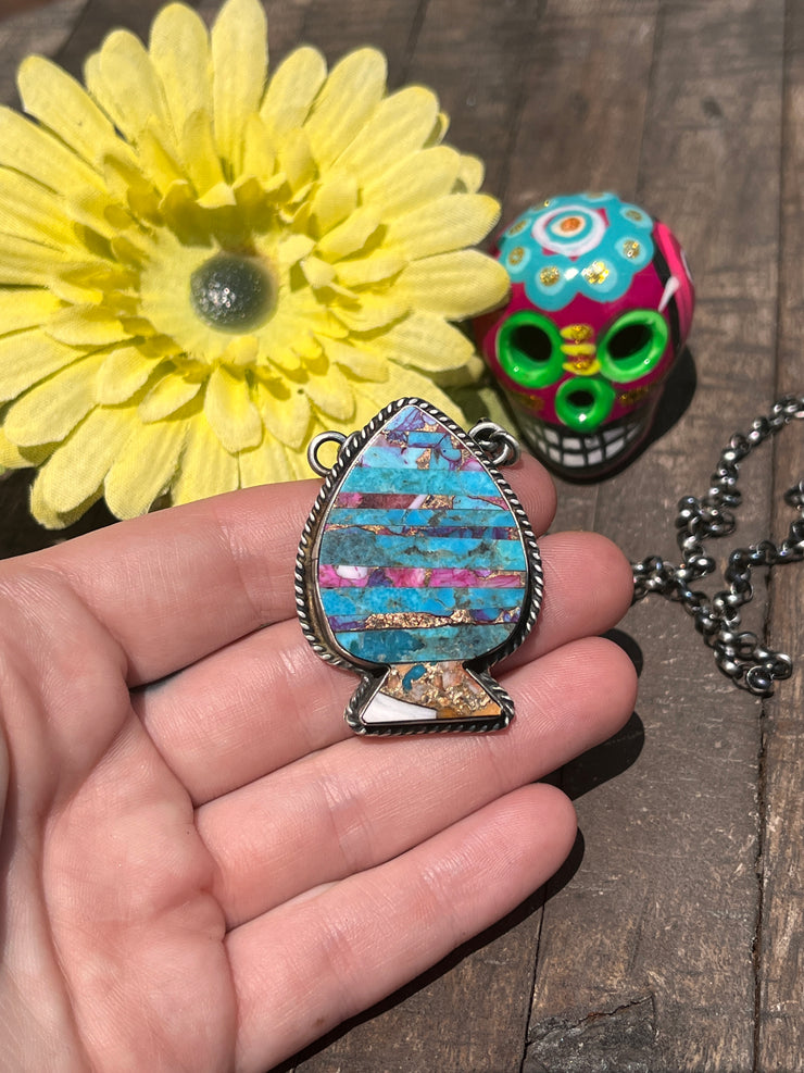 Multi Colored Inlay Spade Necklace 1-11