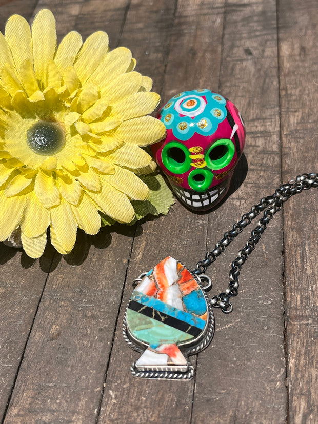Multi Colored Inlay Spade Necklace 1-11