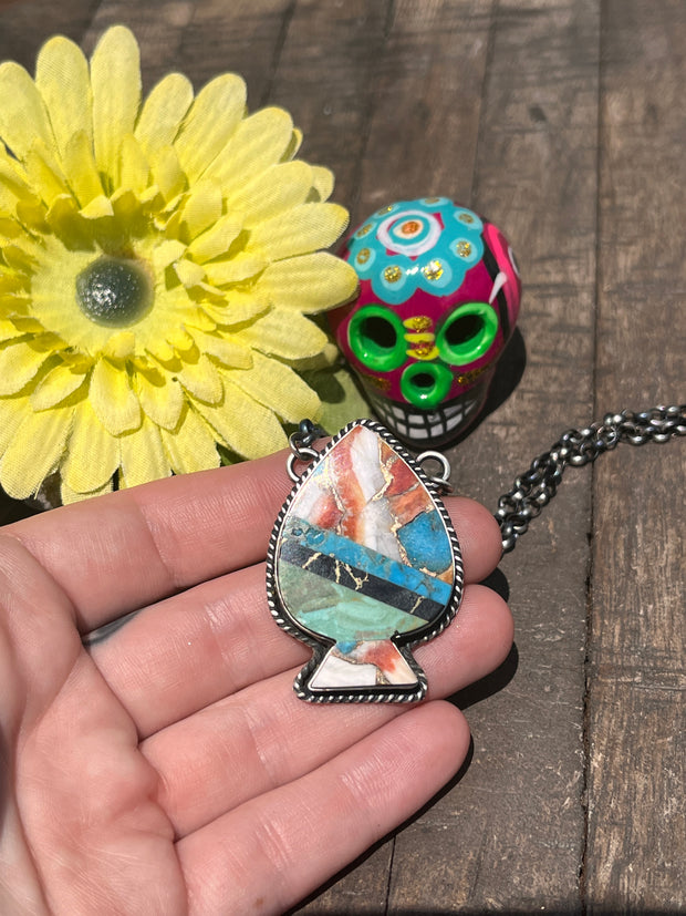 Multi Colored Inlay Spade Necklace 1-11
