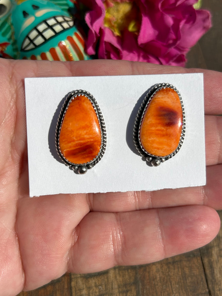 Orange Spiny Single Stone Earrings -A