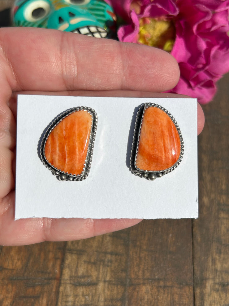 Orange Spiny Single Stone Earrings -E