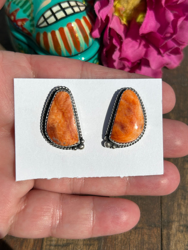 Orange Spiny Single Stone Earrings -F